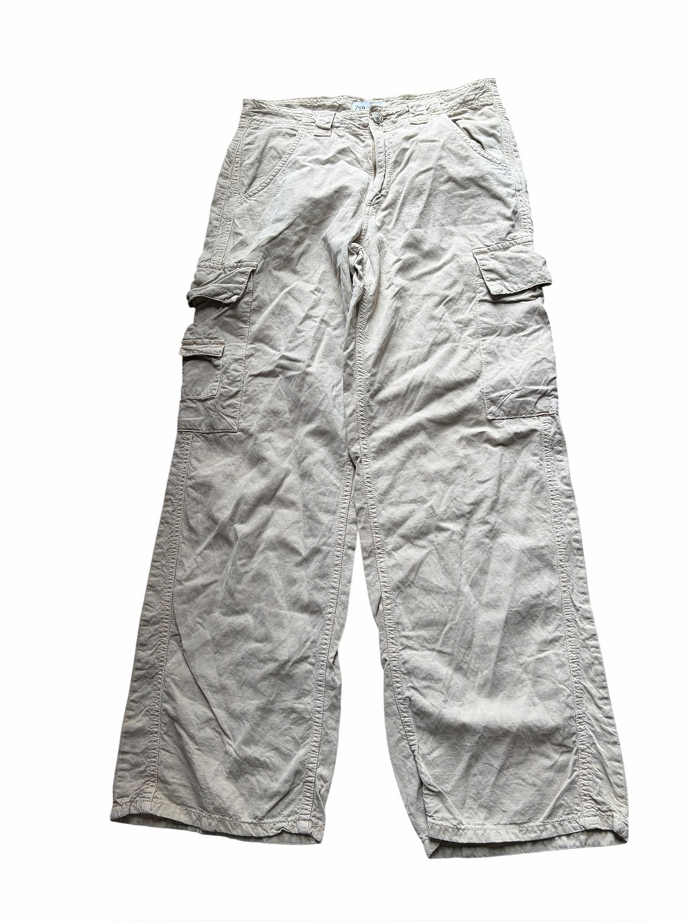 ZARA Tan Wide Leg Cargo Pants Linen Blend